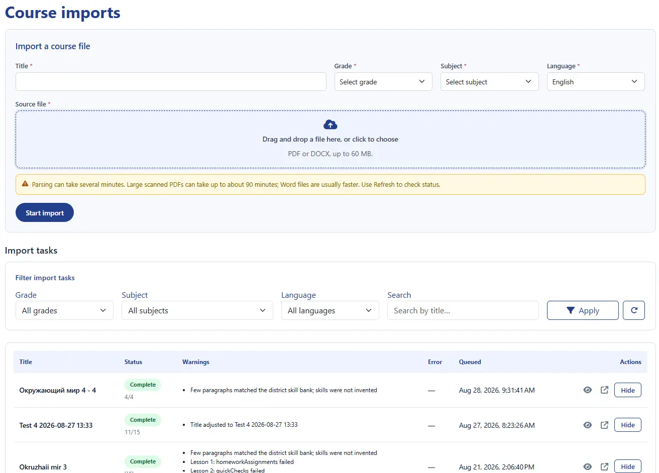 Course import workspace turning a source file into structured lessons, quizzes, and homework
