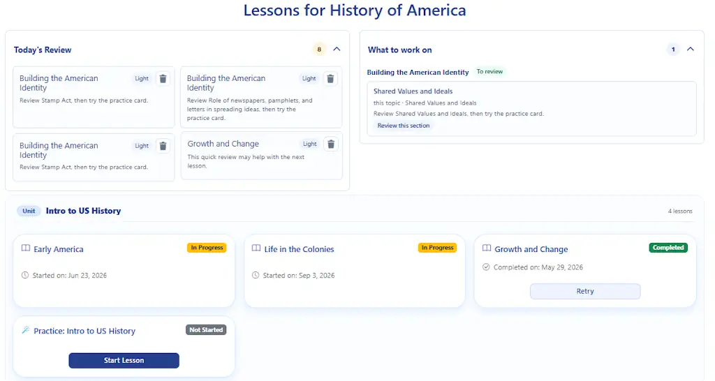 Course page with Today's Review and What to work on recommendations