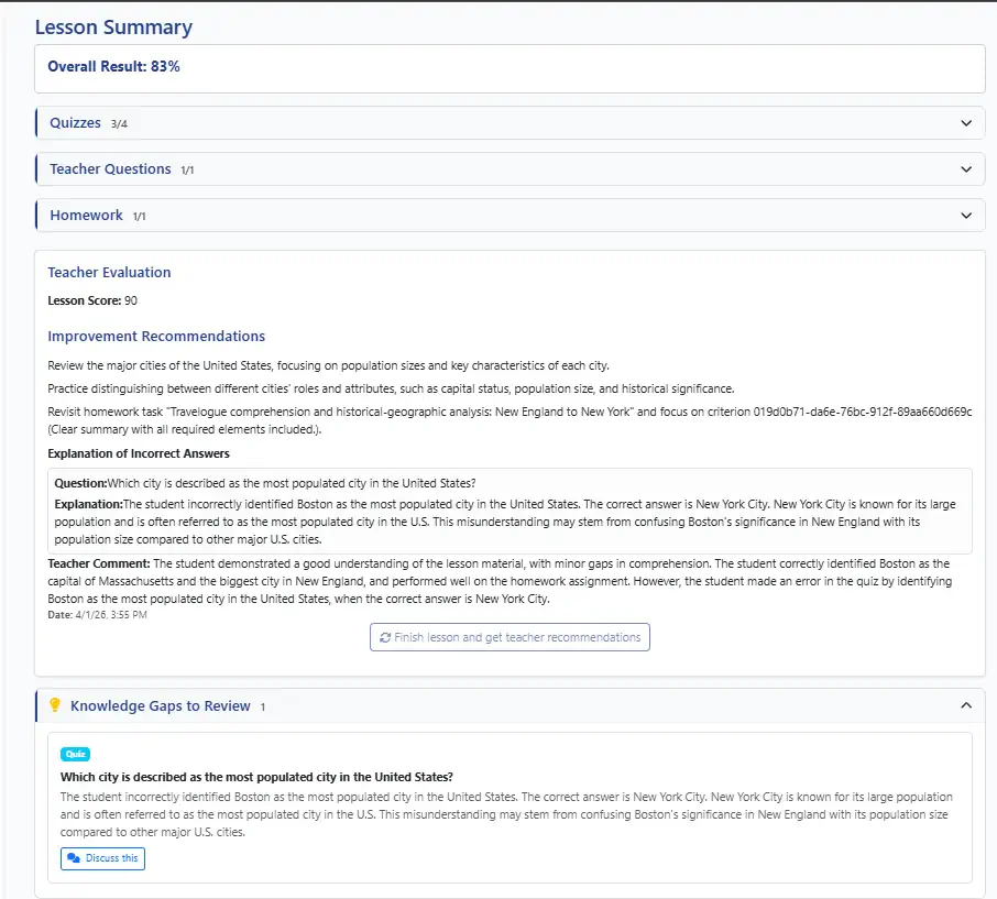 Lesson summary showing overall score, teacher-style evaluation, improvement recommendations, and knowledge gaps