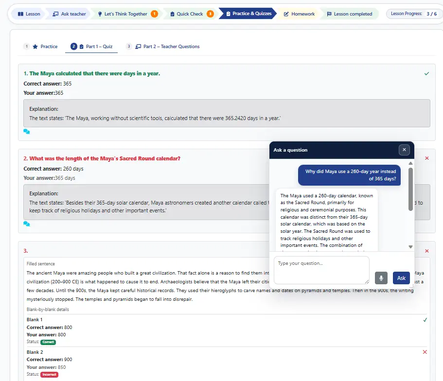 Quiz results with correct and incorrect answers and an on-demand AI tutor answering a student question